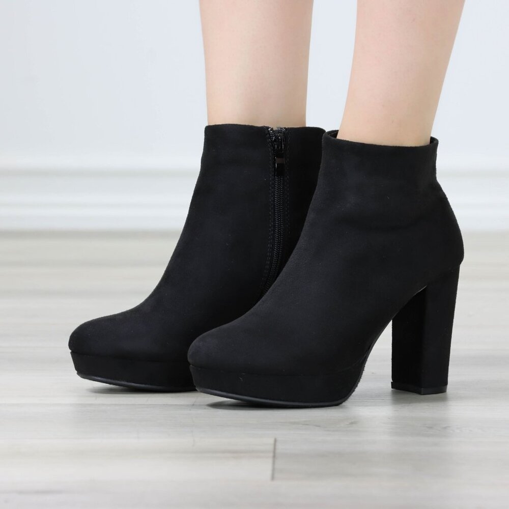 Black Faux Suede Platform Booties Block Heel Side Zip - Picture 2 of 11